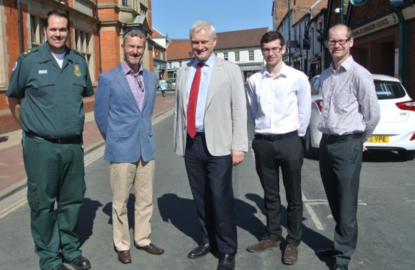 (L-R) Warren Bostock (Yorkshire Ambulance Service), Paul Downey, Graham Stuart MP, Jordan Moor and Nick Middleton (SMILE Foundation)