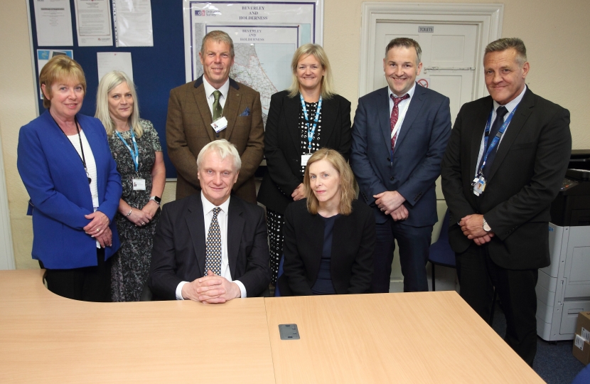 Withernsea 8 to 8 Centre - Back row Cllr Lyn Healing, Carol Wauby (CHCP), Cllr Dave Tucker, Tracey Craggs (CCG), Mark Lease (YAS), Paul Wray (CHCP). Front row Graham Stuart MP and Jane Hawkard.