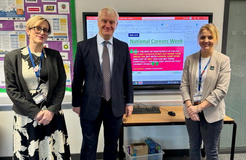 Graham Stuart MP with Sarah Evans and Viki Foster at Withernsea High School