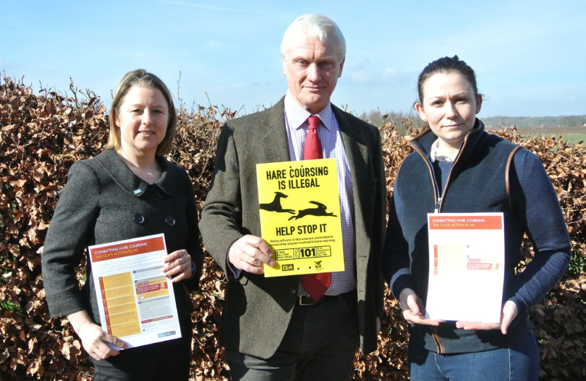 Graham with Libby Bateman (left) and Hollie Harris (right) launching the campaign against hare coursing.