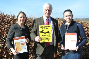 Graham with Libby Bateman (left) and Hollie Harris (right) launching the campaign against hare coursing.